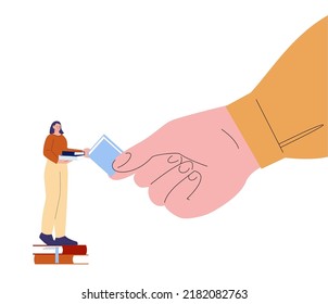 Self education and study concept. Giant hand give book to young girl. Take knowledge, personal growth vector metaphor