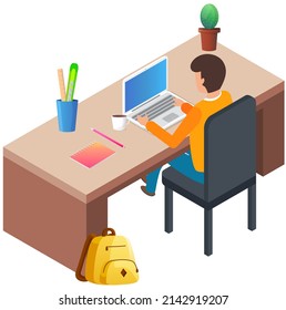 Self education, study and gain new knowledge. Student sitting at table working with laptop. Concept illustration of online courses, distance studying, self education, digital library, e-learning