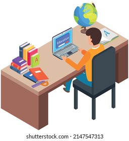 Autoeducación, estudio y obtención de nuevos conocimientos. Estudiante sentada en la mesa trabajando con una laptop. Ilustración conceptual de cursos en línea, estudio a distancia, autoeducación, biblioteca digital, e-learning