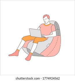 Self employed man sits in cozy armchair and works, isolated on white background. Freelancer character working from home with laptop. Remote work or online education. Line art style vector illustration