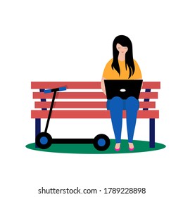 Self employed woman concept. Young women on
bench with laptop. Remote work in park.  Cute illustration in flat style.