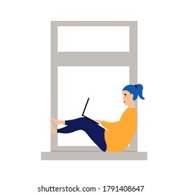 Self employed woman concept. Young women sitting on the windowsill in comfortable position  with laptop. Remote work at home.  Cute illustration in flat style.