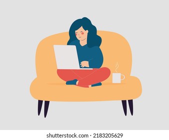 Self employed woman working at the laptop while drinking her coffee at home. Businesswoman sitting on the couch and using her computer to run her business online. Vector illustration