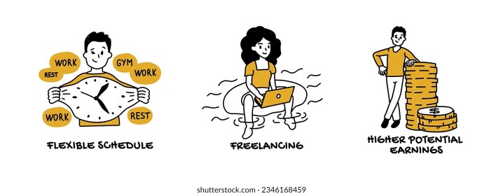 Self employment and freelancing concept. Vector of young people working from home with flexible hours and earning money