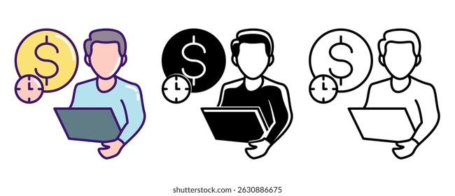 Ícone Self Employment representado pelo trabalhador, dinheiro, relógio de parede Linha, Preenchido, Estilo de cor.