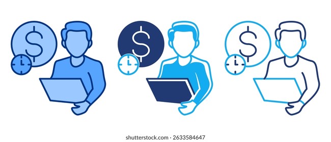 Ícone Self Employment representado pelo trabalhador, dinheiro, relógio de parede Azul, Dualline, Dualtone estilo.