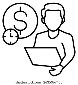 Ícone Self Employment representado pelo trabalhador, dinheiro, relógio de parede Estilo da linha.
