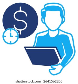 Self Employment icon represented by worker, money, wall clock Dualtone style.