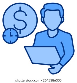 Ícone Self Employment representado pelo trabalhador, dinheiro, relógio de parede Estilo azul.