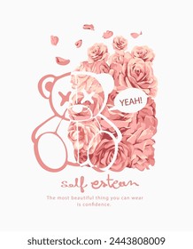 self esteem calligraphy slogan with cartoon bear on pink roses background hand drawn vector illustration