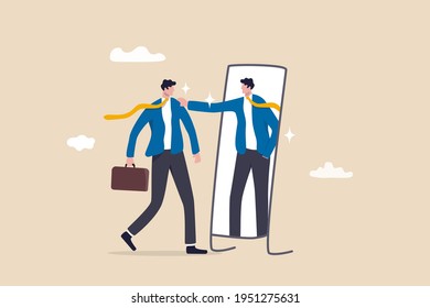 Self esteem or self care, believe in yourself improving confident, respect in your strong attitude concept, frustrated businessman looking at mirror with his shadow encourage his confidence.