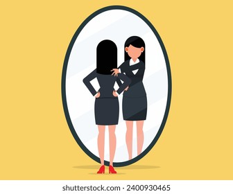 Self esteem or self care. business woman looking at mirror with his shadow encourage his confidence.