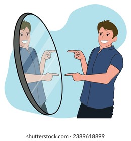 self esteem concept, man smiles in the mirror, confident man. Vector illustration