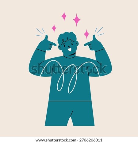 Self esteem concept. Proud boy pointing at himself with both hands. Colorful vector illustration

