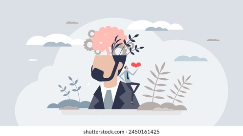 Self esteem concept with psychological yourself awareness and tiny person acceptance. Mental health care and inner feelings or emotions understanding vector illustration. Personality characteristics.