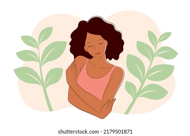 Self esteem concept vector illustration. Afro African American woman hugging herself and smiling. Demonstrates happiness and self-satisfaction. For business, presentation, education, article.