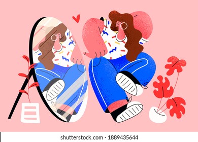 Self esteem, confidence, self love concept. Young narcissist woman standing at mirror and looking at reflection of back while trying clothes and feeling in love with her body and style illustration