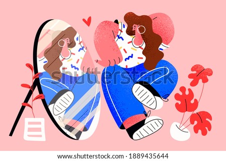 Self esteem, confidence, self love concept. Young narcissist woman standing at mirror and looking at reflection of back while trying clothes and feeling in love with her body and style illustration