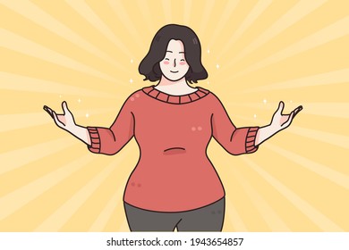 Self esteem, confidence, positive emotions concept. Portrait of confident, satisfied and happy fat overweight woman with both hands out vector illustration 