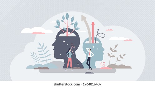 Self esteem and growth confidence with pride and belief tiny person concept. Personal development with proud attitude and improved psychological power vector illustration. Mental positive inspiration.