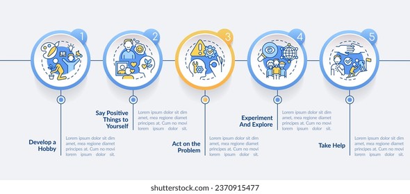 Self esteem improvement circle infographic template. Psychology. Data visualization with 5 steps. Editable timeline info chart. Workflow layout with line icons. Lato-Bold, Regular fonts used