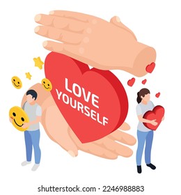 Self esteem improvement isometric composition with human hands holding heart and characters of man and woman vector illustration