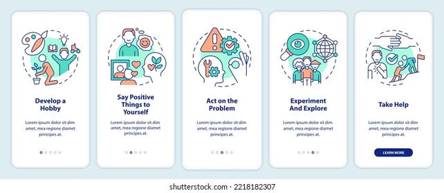 Self esteem improvement onboarding mobile app screen. Psychology walkthrough 5 steps editable graphic instructions with linear concepts. UI, UX, GUI template. Myriad Pro-Bold, Regular fonts used