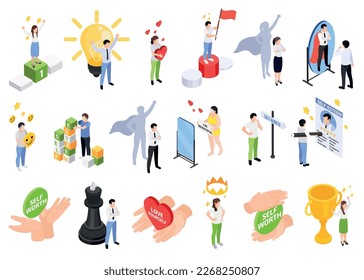 Self esteem improvement set with isometric icons of love trophies achievements new ideas and human characters vector illustration