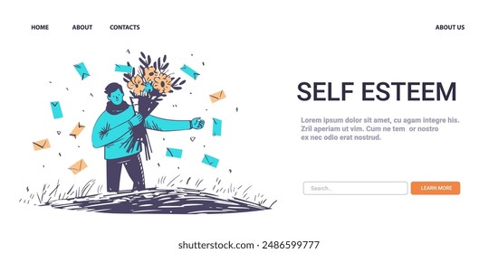 Self Esteem Mental Health Concept person holding bouquet surrounded by floating envelopes in outdoor setting blue and orange color scheme website design