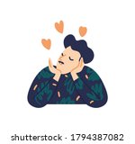 Self esteem mustached brunet man with closed eyes. Romantic air kiss, love dreaming, thinking. Fall in love with yourself. Flat vector cartoon illustration isolated on white
