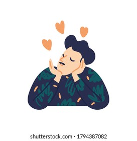 Self Esteem Mustached Brunet Man With Closed Eyes. Romantic Air Kiss, Love Dreaming, Thinking. Fall In Love With Yourself. Flat Vector Cartoon Illustration Isolated On White