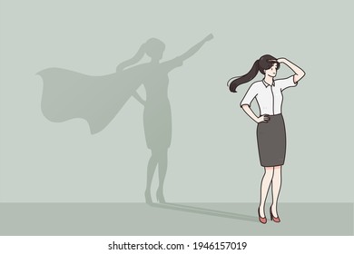 Autoestima, éxito, concepto de liderazgo. Vista lateral de una mujer de negocios imaginando ser súper héroe con aspecto de ilustración vectorial de confianza 