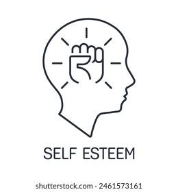  Self Esteem. Understanding your own importance, value and capabilities.Vector linear icon isolated on white background.