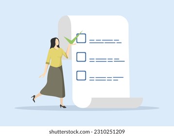 self evaluation for personal development or work improvement concept, self assessment concept, woman putting check mark on checkbox in notepad paper achievement list. flat vector illustration.