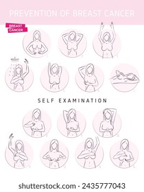 Autoexamen. Cáncer de mama, infografía médica. Vector salud de la mujer. Conjunto de conciencia del cáncer de mama. Afiche de asistencia sanitaria, plantilla de banner. Diagnósticos. Medicina, ilustración de anatomía.