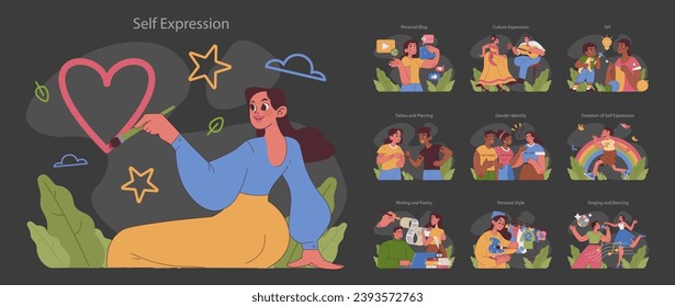 Self expression dark or night mode set. Creative individuals showcasing identity and passions. Personal blogging, cultural dances, crafting. Expressive hobbies visualized. Flat vector illustration