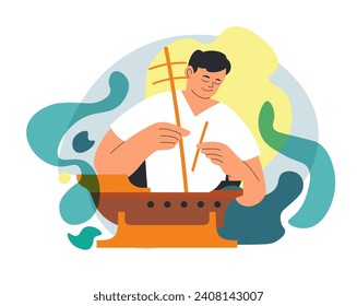 Self expression or hobby, isolated male personage building ship from wooden pieces and parts. Do it yourself projects, diy complex of blocks to create own model of vessel. Vector in flat styles