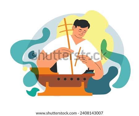 Self expression or hobby, isolated male personage building ship from wooden pieces and parts. Do it yourself projects, diy complex of blocks to create own model of vessel. Vector in flat styles