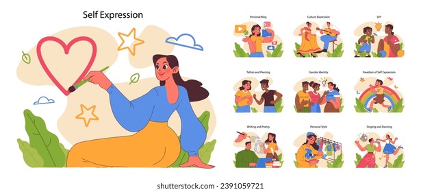 Self expression set. Creative individuals showcasing identity and passions. Personal blogging, cultural dances, crafting. Expressive hobbies visualized. Flat vector illustration