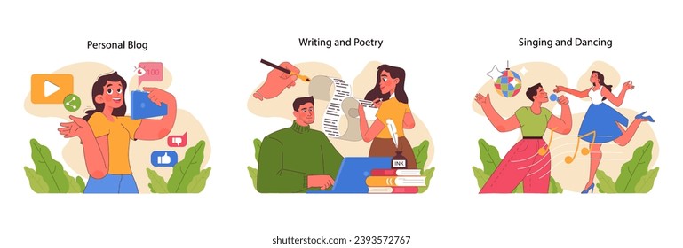 Self expression set. Digital content creation, literary artistry, and rhythmic movements. Making up stories, composing poetry. Blogging, writing, and performing arts depicted. Flat vector illustration