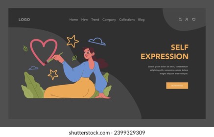 Self expression web or landing. Joyful woman drawing heart, star, cloud, leaf, surrounded by nature. Letting out inner creativity. Celebrating individuality and love. Flat vector illustration