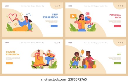 Self expression web or landing set. Personal creativity, blogging, cultural arts, DIY, and writing. Embracing traditions and creativity. Supporting children initiative. Flat vector illustration