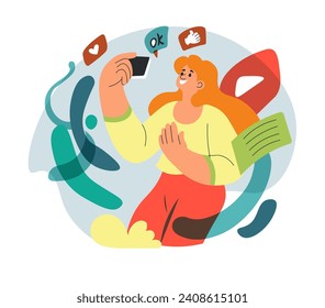 Self expression, woman blogger making videos and blogging, communicating with subscribers and getting followers. Female personage with gadgets and phone, likes and hearts. Vector in flat styles