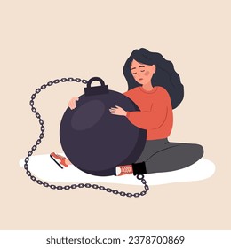 Self flagellation. Sad woman hugging heavy wrecking ball and feeling guilty. Concept of psychological self-harm, criticism, judgment. Mental problems. Vector illustration in flat cartoon style.