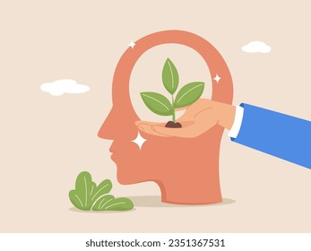 Self growth concept. Potential development, motivation and aspiration. Psychotherapy and analysis. Human heads silhouette with growing plant icon. Modern flat vector illustration.