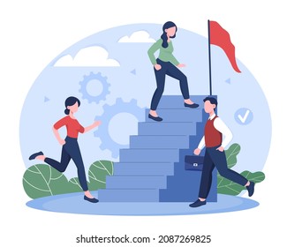 Self growth and personal development concept. Woman climbs ladder to goal and success. Steps to advance and improve skills. Ambitious leader with vision for future. Cartoon flat vector illustration