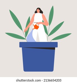 Self growth, personal development or improvement. Woman waters herself in a flower pot. Mental health, self help, care concept. Isolated flat vector illustration