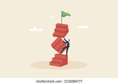 Self growth and personal development progress concept.  Businessman climbs the stairs to grab a flag.
Ambition ladders and potential accomplishment vision for future.