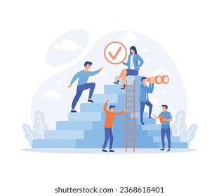 Evolución del crecimiento propio y etapas de progreso en el desarrollo personal, Alcance de los objetivos de carrera y el éxito, vector plano ilustración moderna