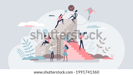 Self growth and personal development progress stages tiny person concept. Reaching for career goals and success vector illustration. Ambition ladders and potential accomplishment vision for future.